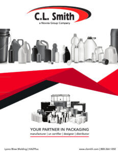 A collage of various plastic containers, such as bullet bottles, jugs, and drums, set against a white background with red and black accents. Text: "C.L. Smith, Your Partner in Packaging. Manufacturer, UN certifier, designer, distributor.